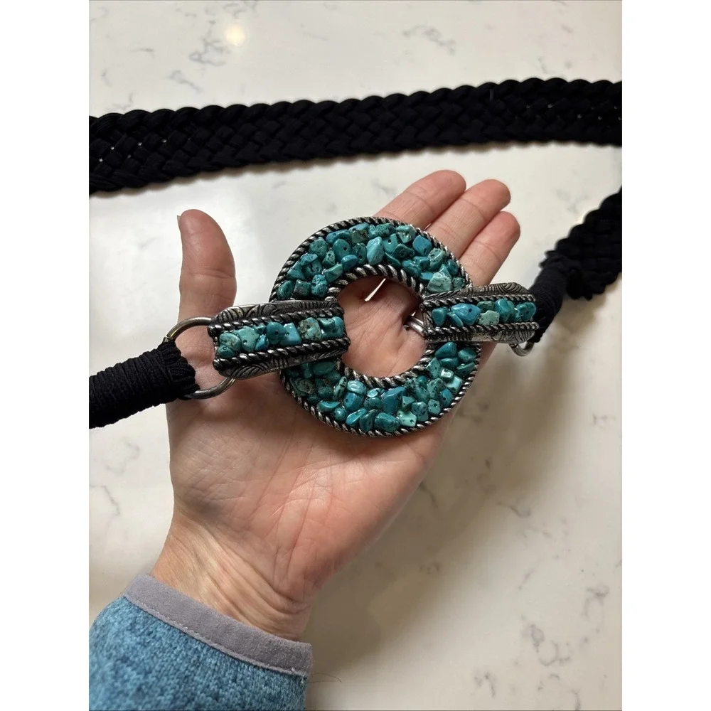 Chicos Southwest Boho Belt Turquoise Metal Round Buckle  Fabric Black Braided XL - Picture 3 of 7